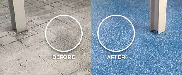 Before & after shots: Image 1 shows a gray, dilapidated vinyl floor. Image 2 shows a new, blue, speckled resilient floor.