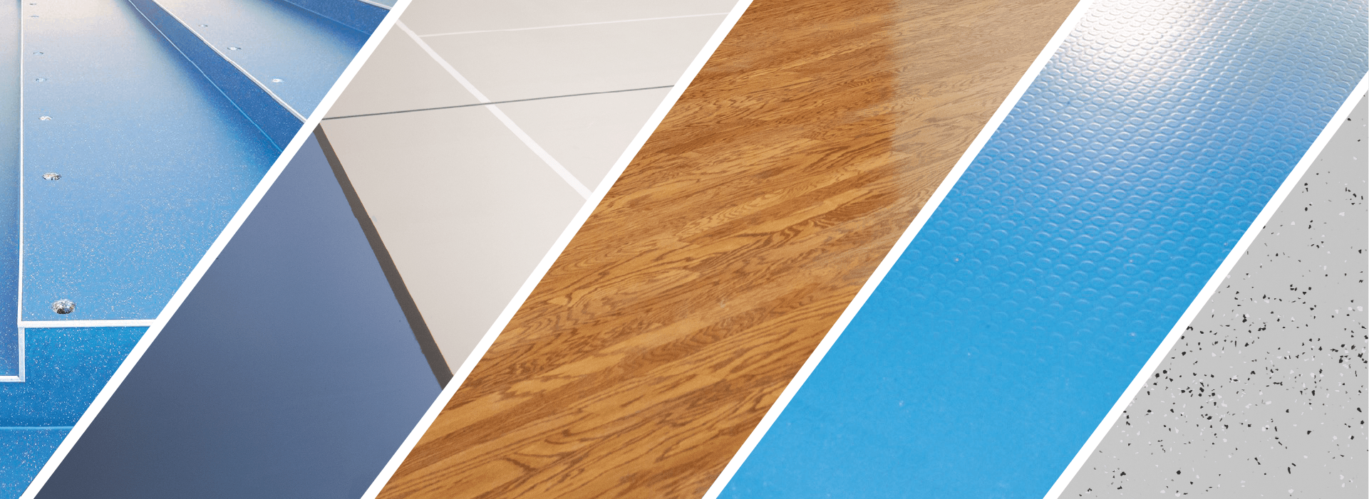 Five-section image showcasing floor types including hardwood, resilient, vinyl, tile and concrete in a range of colors.