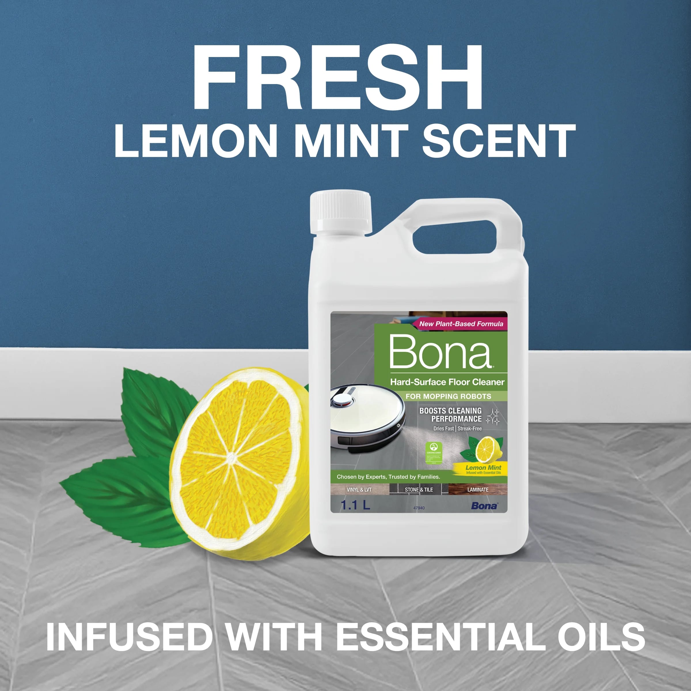 FRESH LEMON MINT SCENT
INFUSED WITH ESSENTIAL OILS