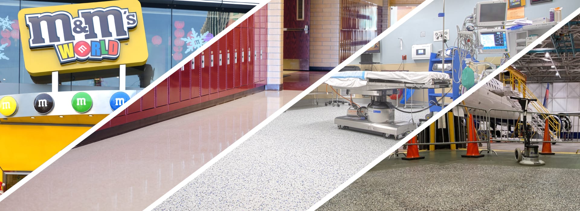A montage shows various applications of the Bona Resilient Floor Solution in retail, medical, school, and factory settings.