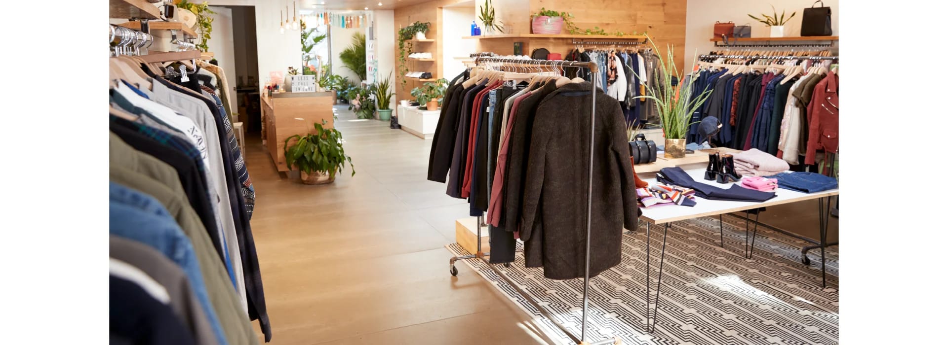 A stunning resilient floor is featured in an upscale retail fashion apparel environment.