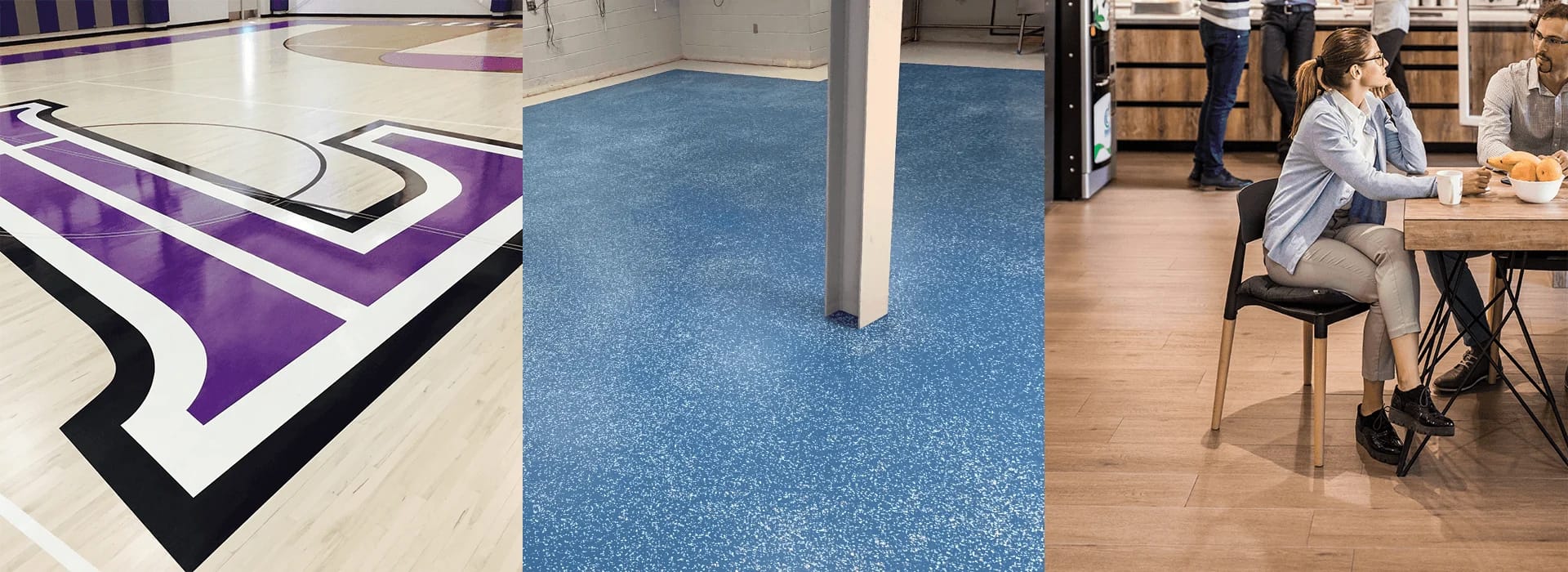 image split in three ways- hardwood gym floor/ resilient floor/ commercial hardwood floor