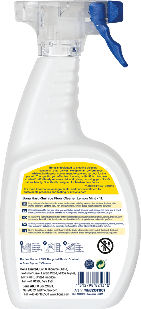 Bona Hard-Surface Floor Cleaner Lemon Mint WM893013001 BACK