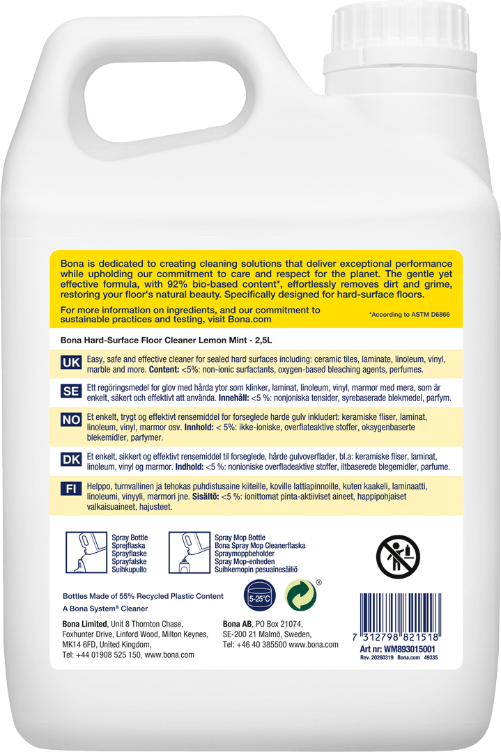 Bona Hard Surface Floor Cleaner Refill 2.5L WM893015001 BACK