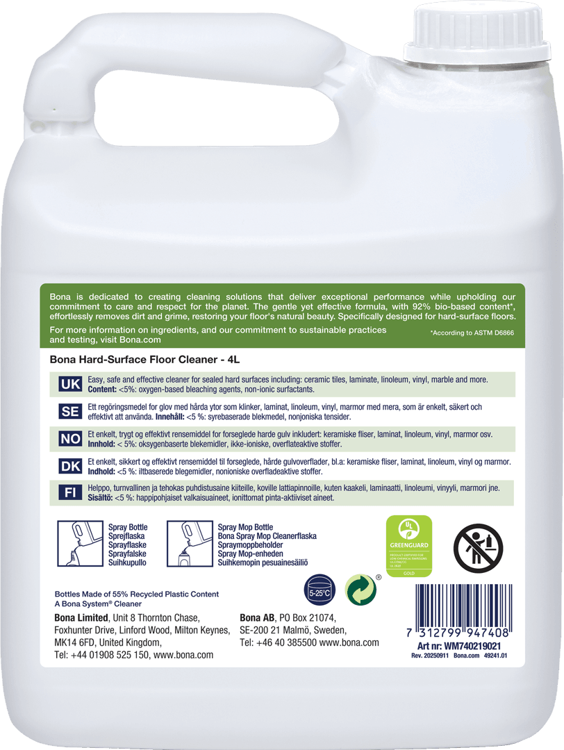 Bona Hard-Surface Floor Cleaner Refill-4L WM740219021 BACK