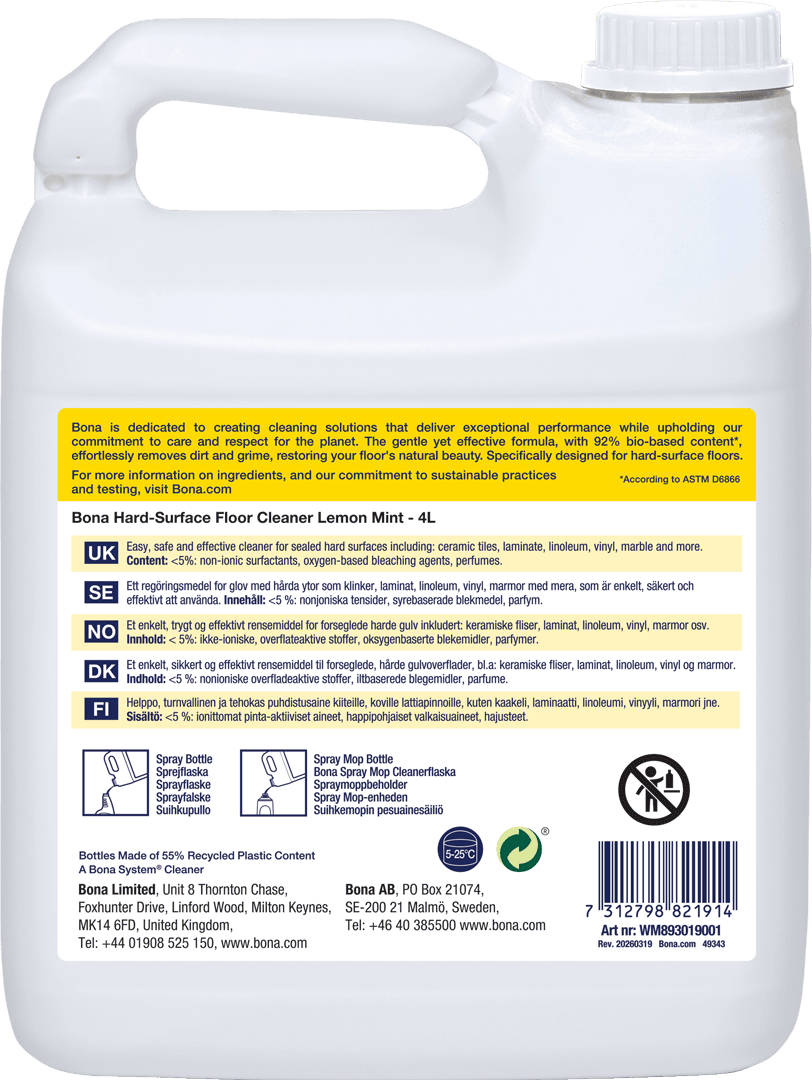 Bona Hard-Surface Floor Cleaner Refill Lemon Mint 4L WM893019001 BACK