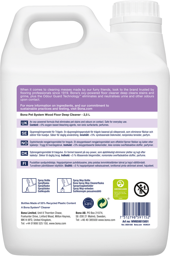 Bona Pet System Wood Floor Deep Cleaner Refill 2.5L WM859115011 BACK