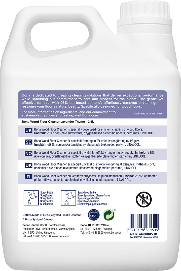 Bona Wood Floor Cleaner Refill Lavender Thyme 2.5L WM884015001 BACK