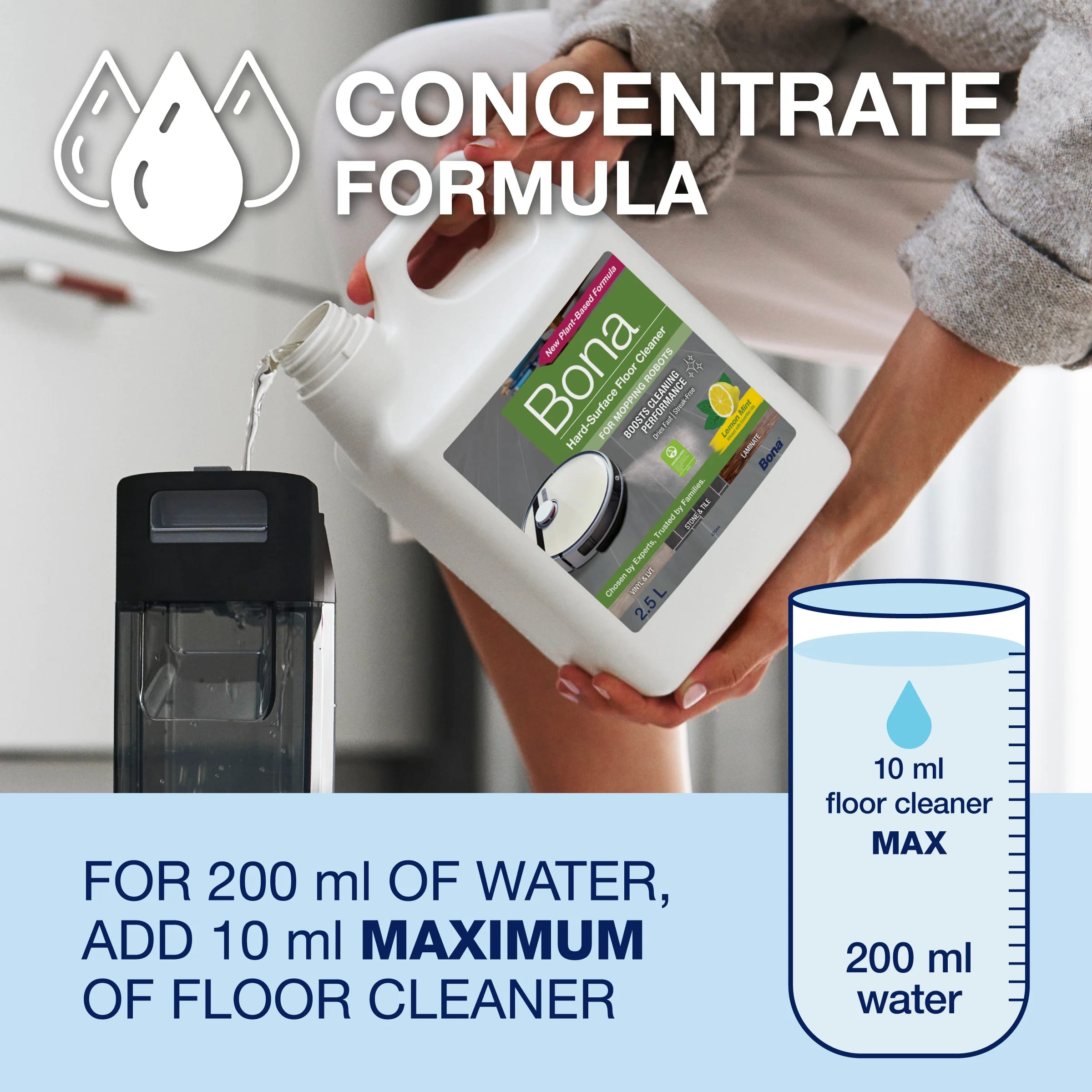 CONCENTRATE FORMULA
For 200 ml of water add 10 ml maximum floor cleaner