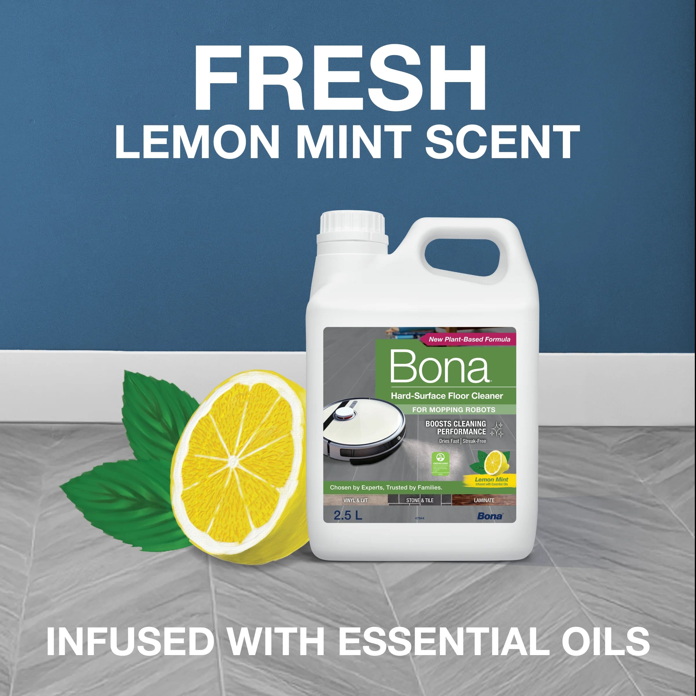 FRESH LEMON MINT SCENT
INFUSED WITH ESSENTIAL OILS
