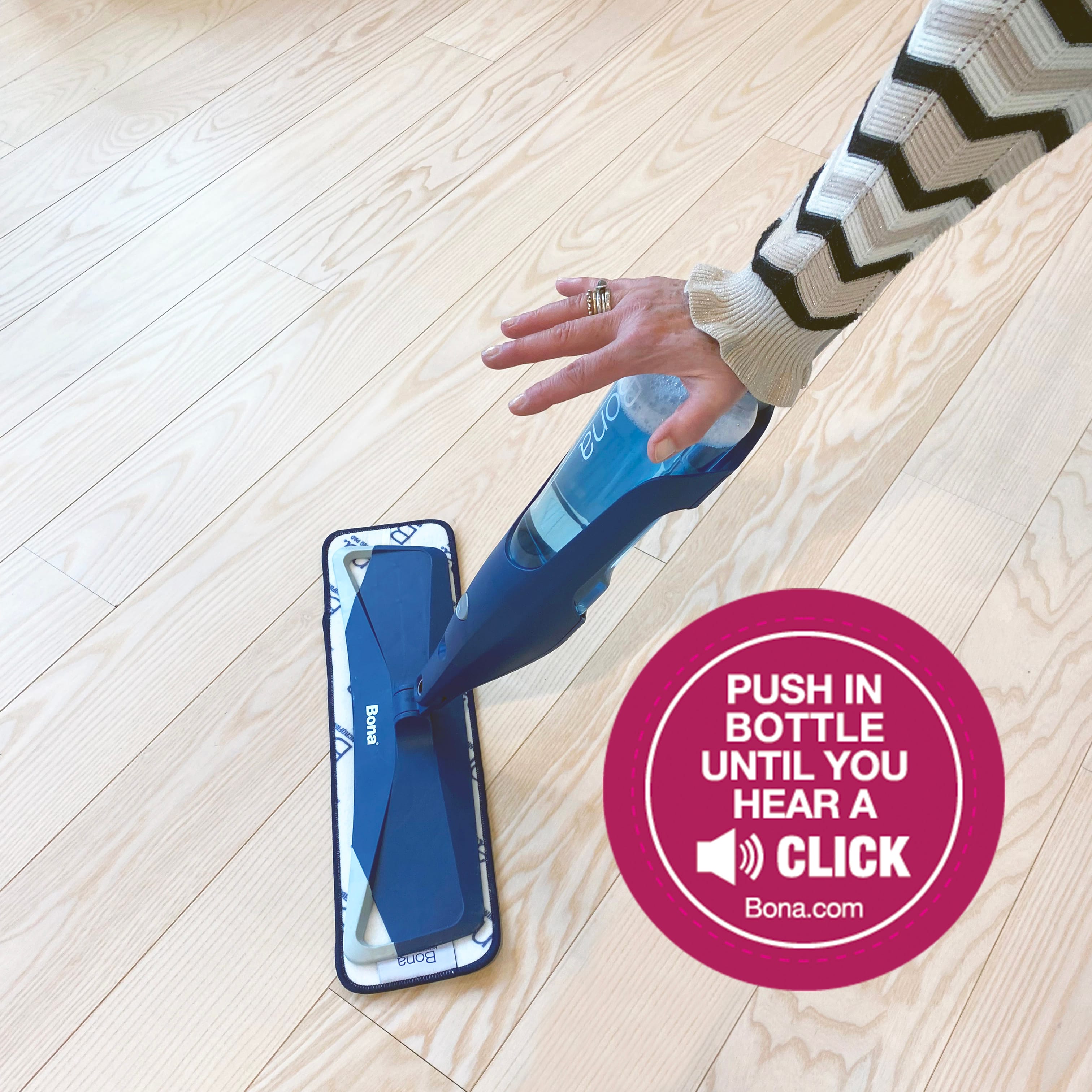 Push in bottle until you hear a click