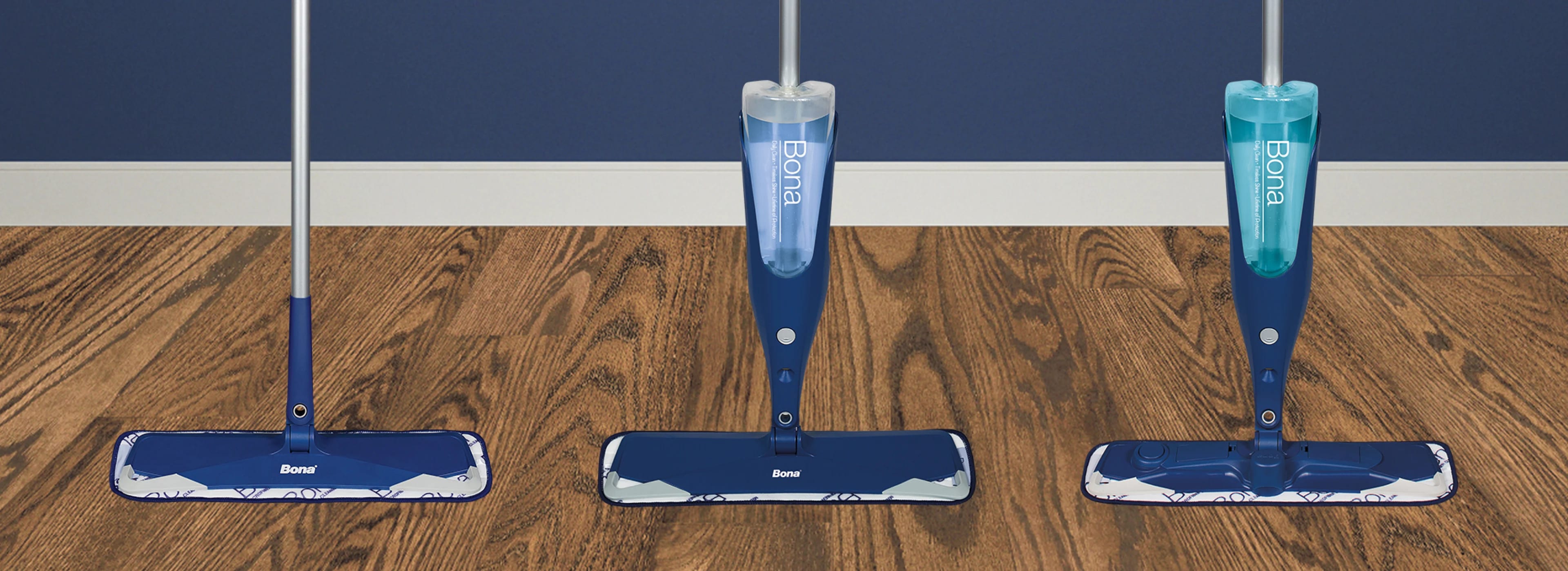A Bona Microfiber Mop, a Bona Spray Mop for Hardwood Floors, and a Bona PowerPlus Premium Motion Spray Mop.
