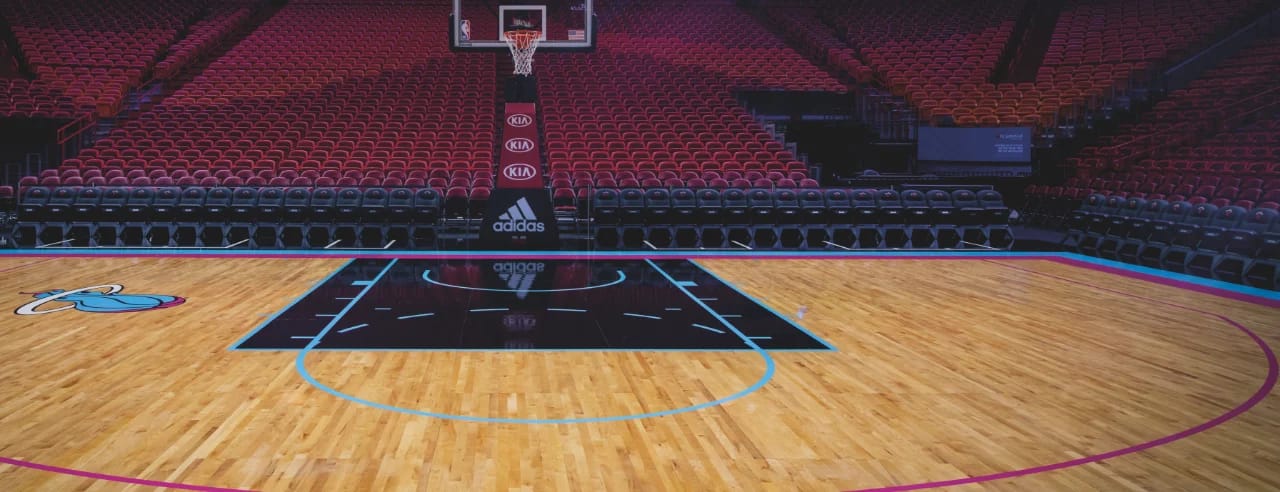 The stunning maple pro sport floor of the Miami Heat professional basketball team featuring Bona Sport System products.